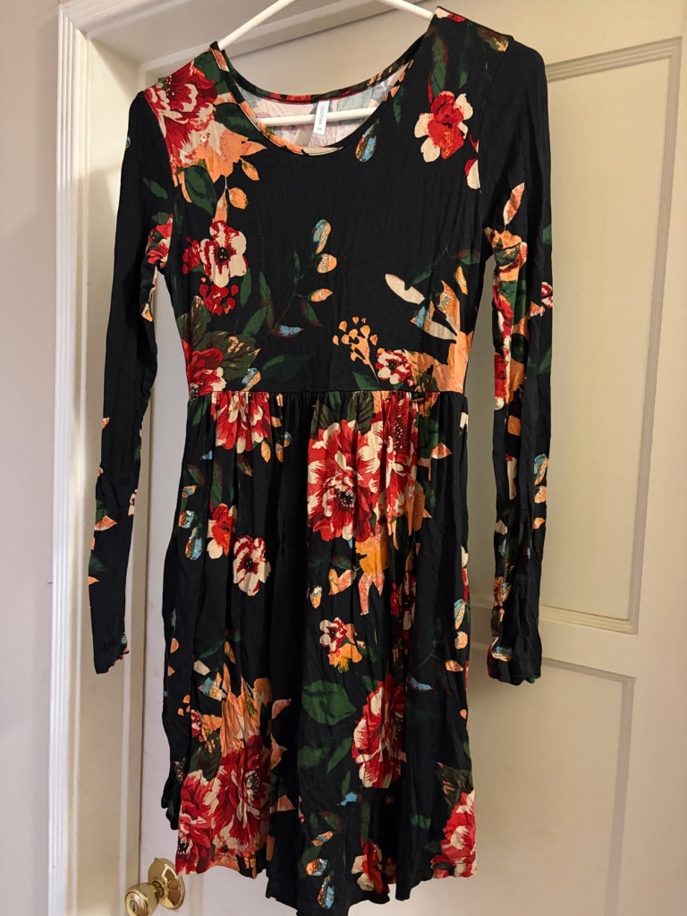 Black Floral Long Sleeve Fit-and-Flare Dress - Red & Green Floral